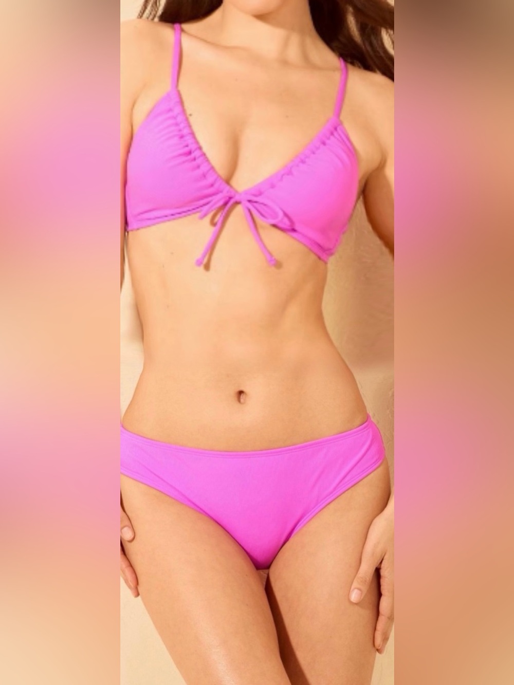 Shade & Shore Fucsia Pink Ribbed Tie Front Triangle Bikini Top & Bottom. Size M